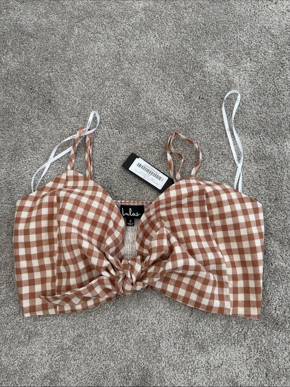 Lulu's Brown and White Gingham Tie-Front Crop Cami